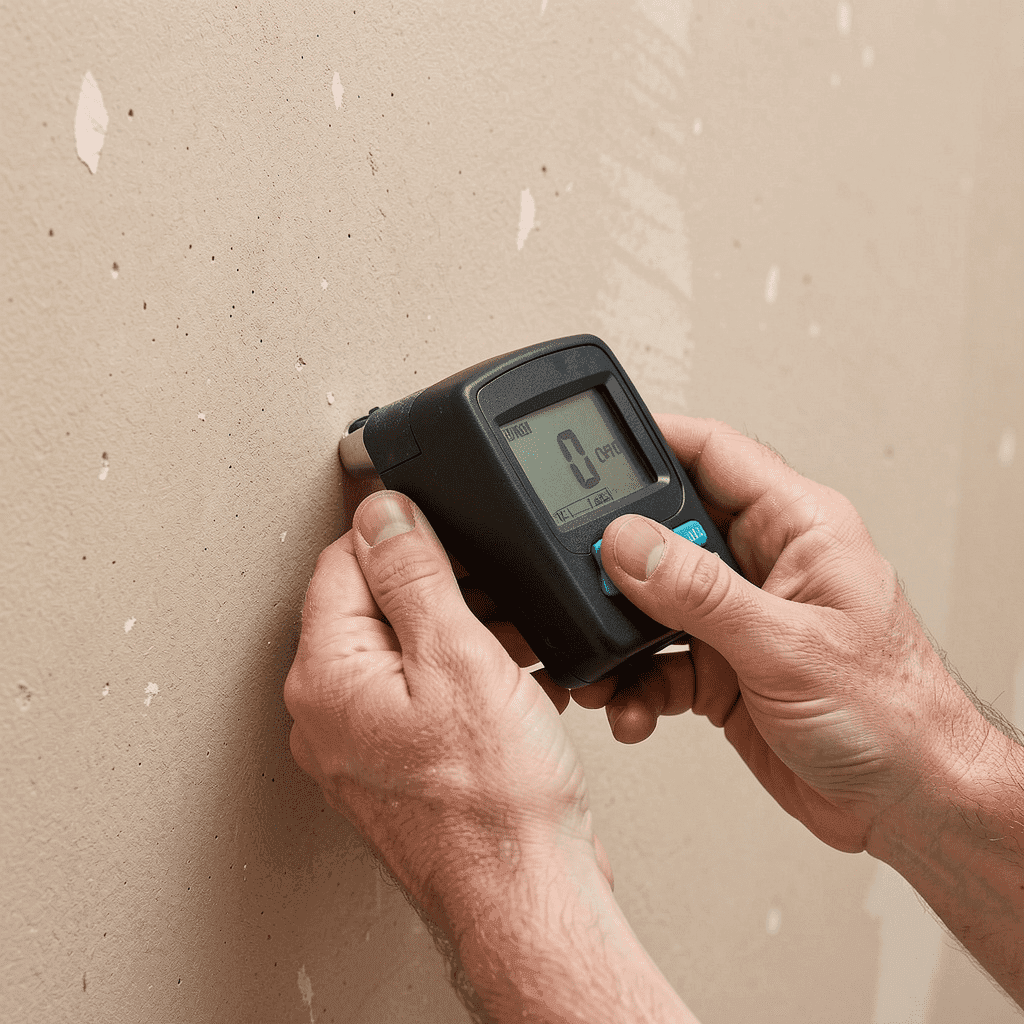 Moisture meter detecting hidden wall moisture in Grand Rapids home