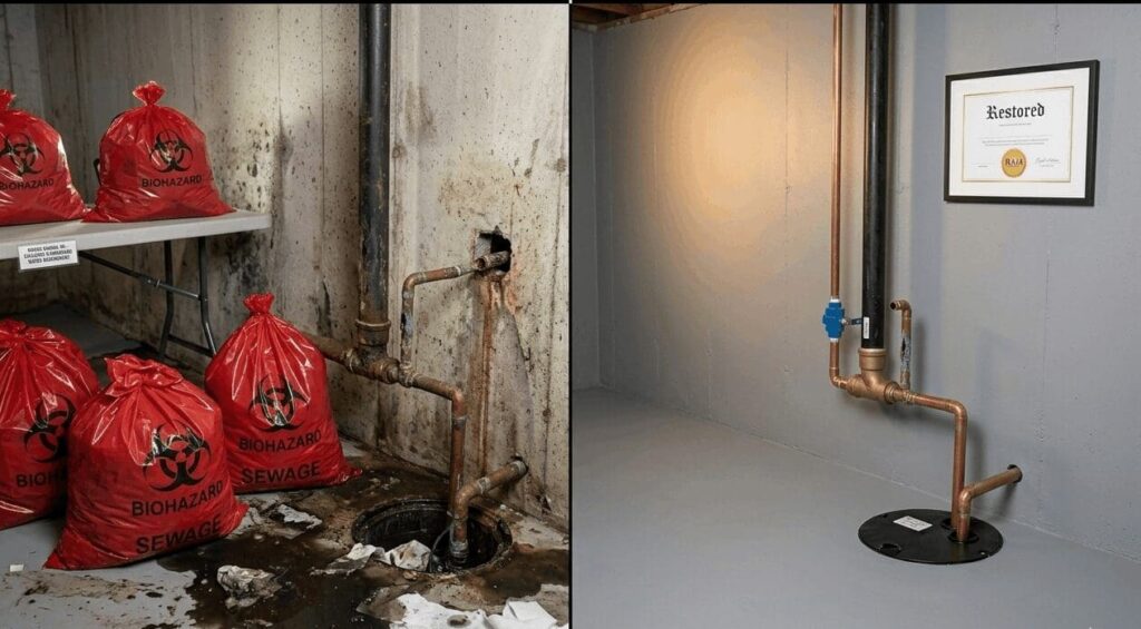 Before and after comparison of a sewage overflow restoration project in Kent County.
