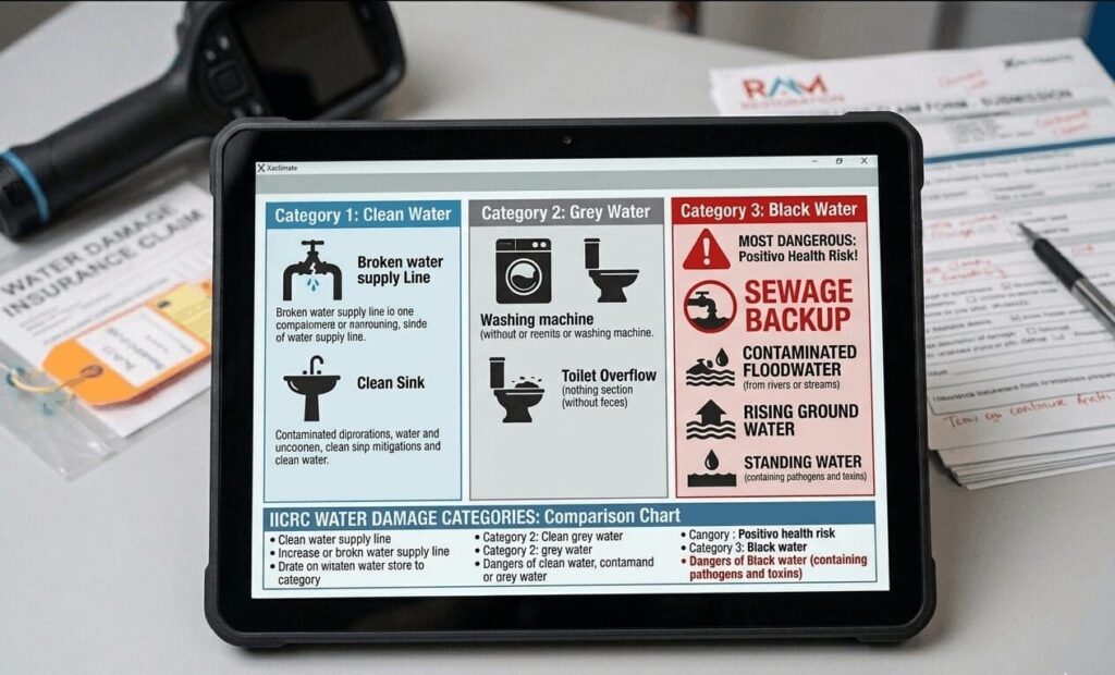 Diagram of IICRC water damage categories showing sewage as Category 3 black water