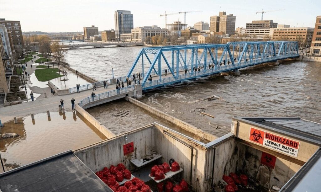 High water levels of the Grand River in Grand Rapids during the spring flooding in Grand Rapids