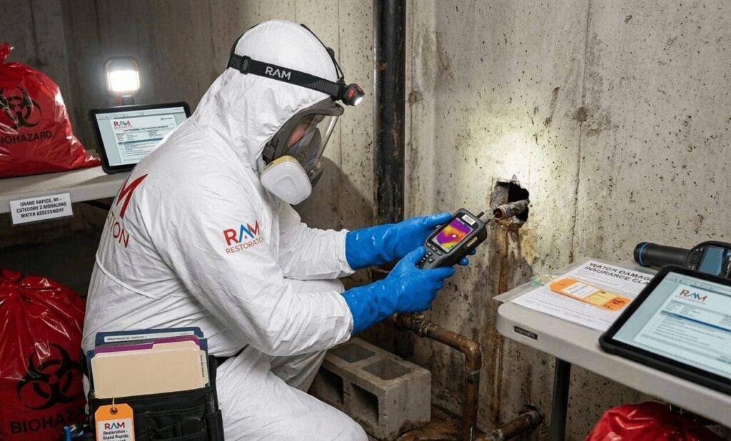 RAM Restoration technician performing biohazard water damage assessment in a Grand Rapids basement.