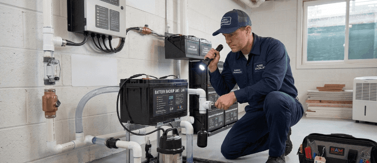 RAM Restoration technician performing seasonal water damage prevention check on a sump pump