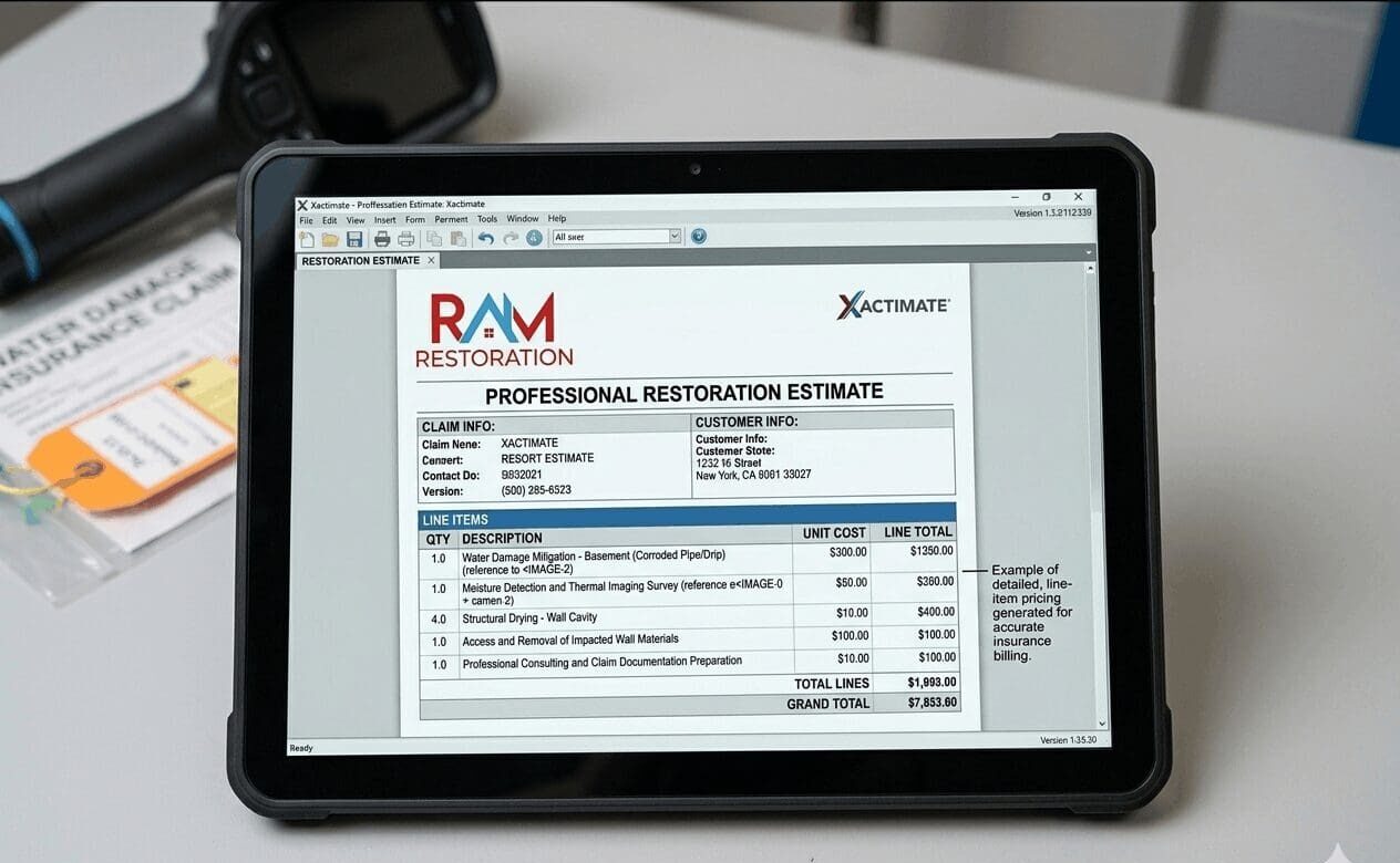 Example of a professional restoration estimate for insurance billing.