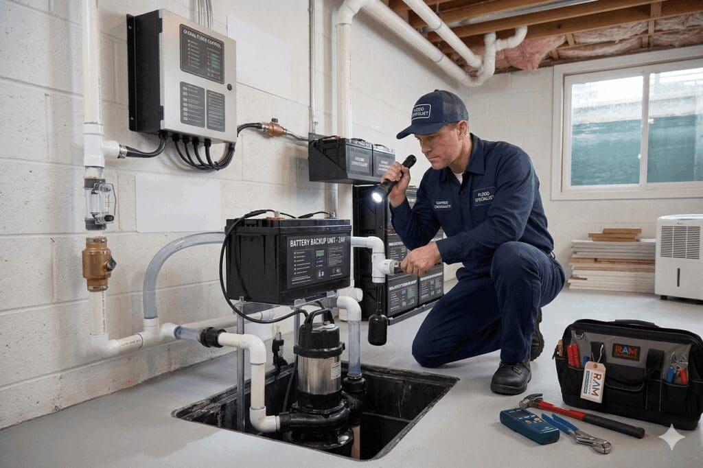 Sump pump installation for river flooding home protection in Grand Rapids.
