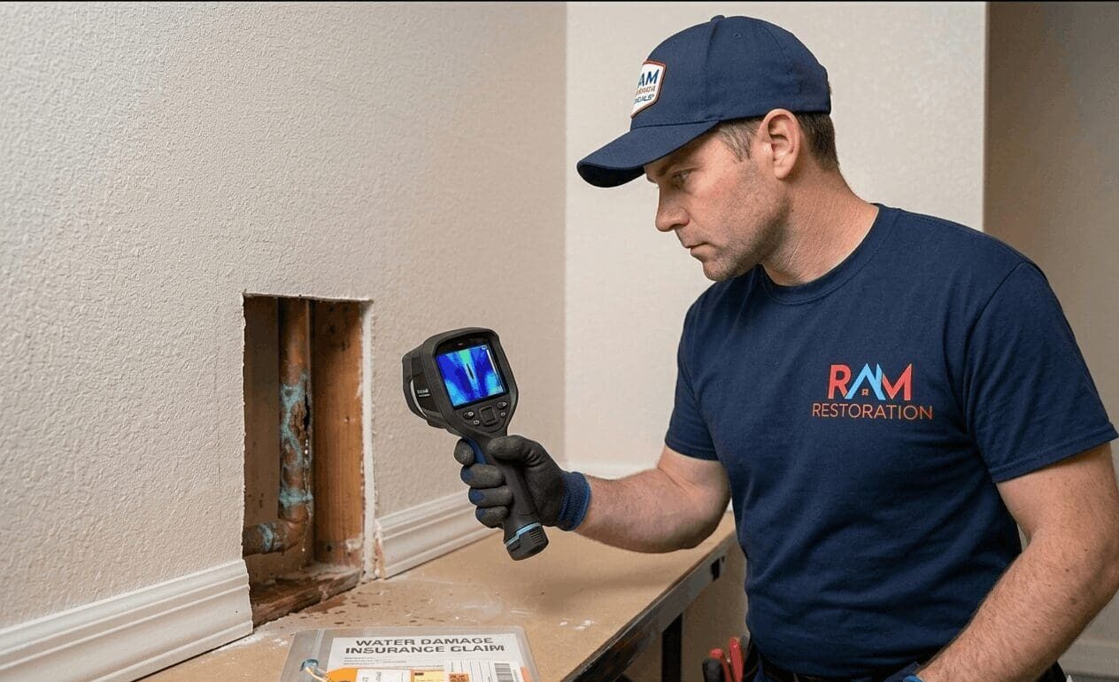 Professional moisture detection for water damage insurance claim documentation.