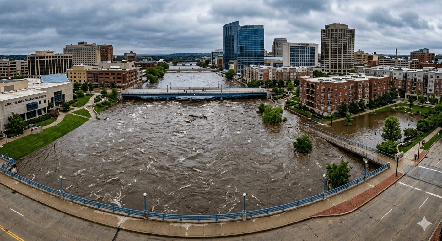Grand River flooding levels near downtown Grand Rapids residential areas