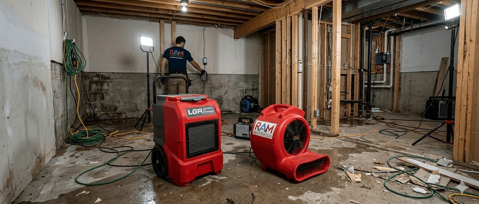 Professional drying equipment used for basement water removal in Grand Rapids.