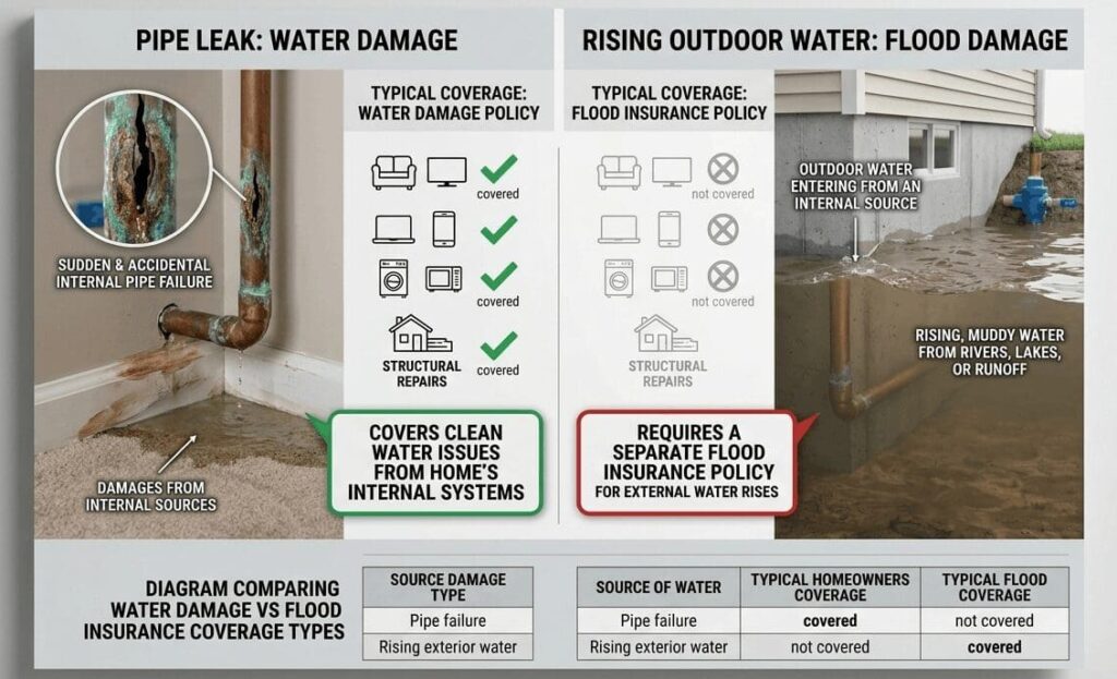 Diagram comparing water damage vs flood insurance coverage types.