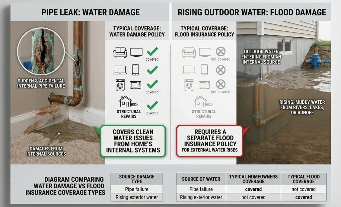 Diagram comparing water damage vs flood insurance coverage types.