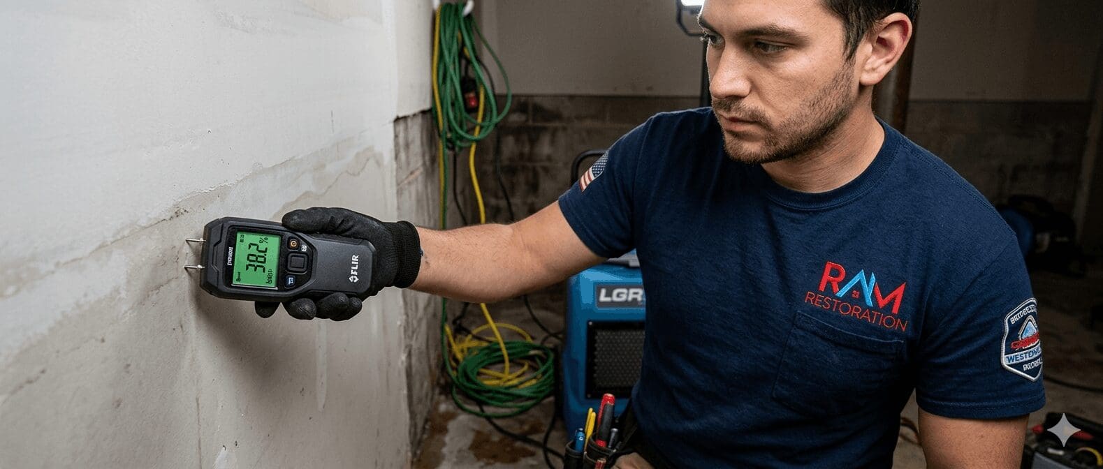 RAM Restoration technician checking for moisture after basement flooding in Kent County.