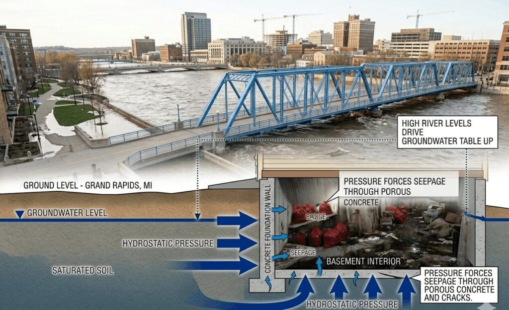 Diagram illustrating how hydrostatic pressure causes basement flooding in Grand Rapids homes