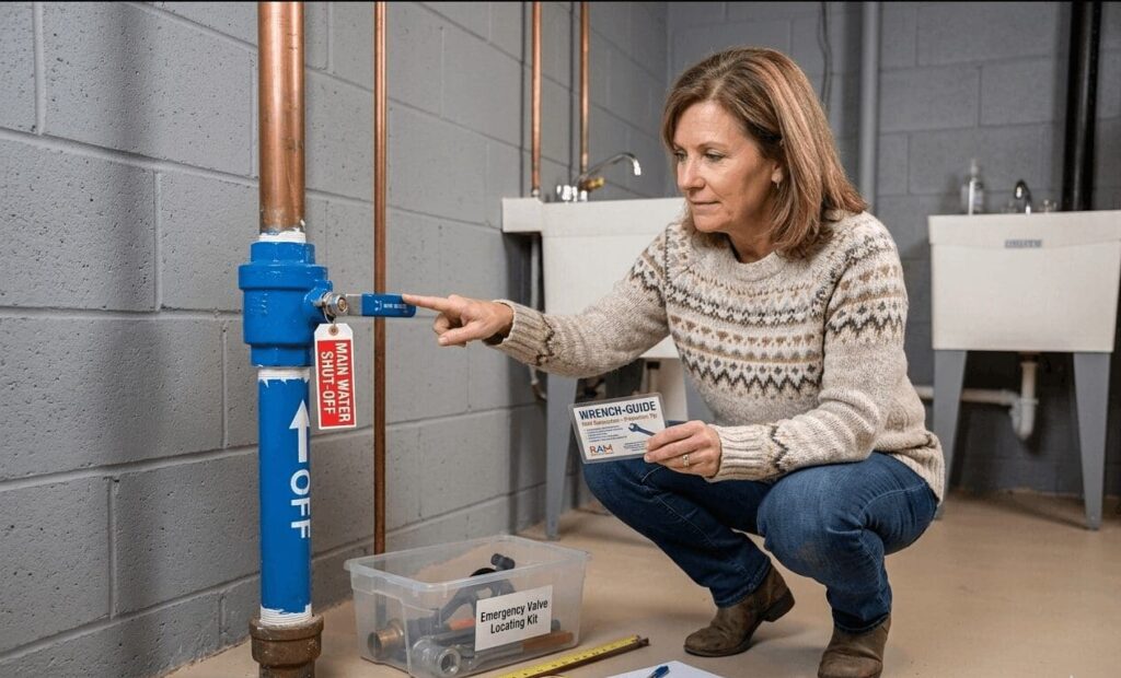 Homeowner locating the main water shut-off valve to prevent further burst pipe water damage