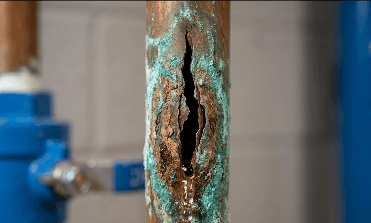 Close-up of burst pipe water damage showing corrosion