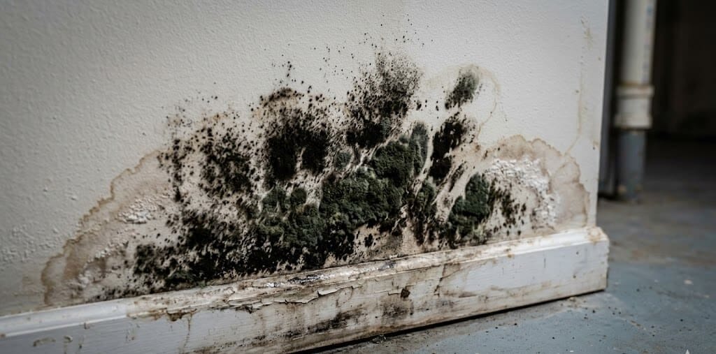 Mold after water damage growing on drywall in a Grand Rapids Michigan home basement