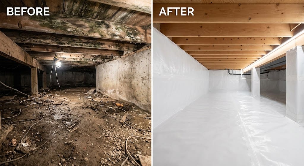 Crawl space mold remediation and encapsulation before and after in a Grand Rapids, Michigan home