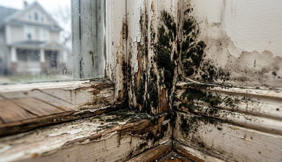 Black mold visible near window frame requiring professional mold remediation Grand Rapids