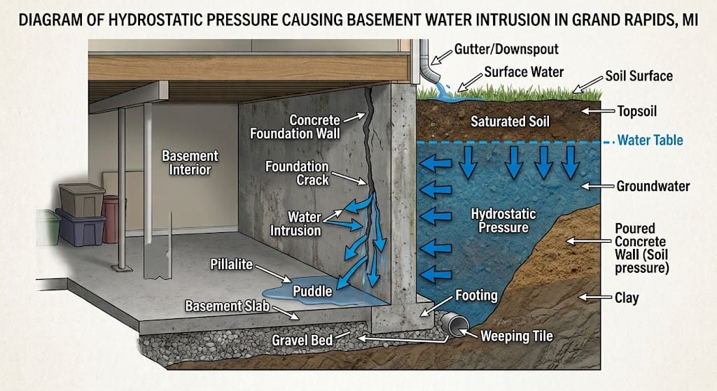 Diagram of hydrostatic pressure causing basement water intrusion in Grand Rapids, MI