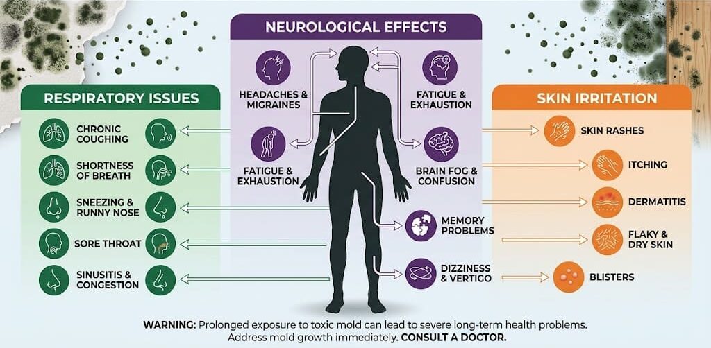 Health symptoms of black mold exposure, respiratory, neurological, and skin effects
