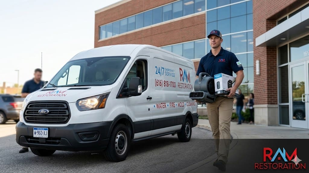 RAM Restoration IICRC-certified technician arriving IICRC-certified RAM Restoration technician arriving on-site at a Grand Rapids commercial building for emergency response