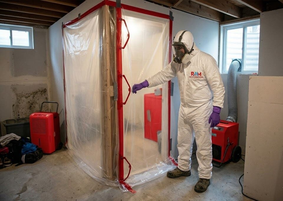 IICRC-certified mold remediation technician setting up containment barriers in Grand Rapids home