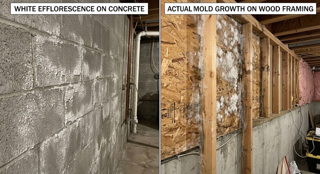 Comparison of white efflorescence vs white mold on basement walls in Grand Rapids home