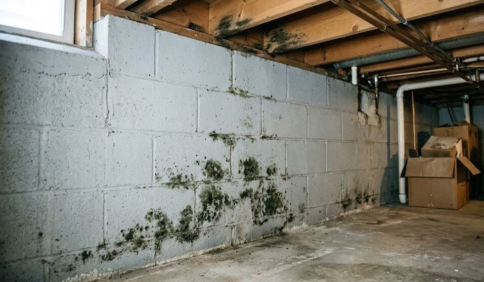 Basement Mold Removal in Grand Rapids Basement mold on concrete wall in Grand Rapids Michigan home — basement mold removal in Grand Rapids