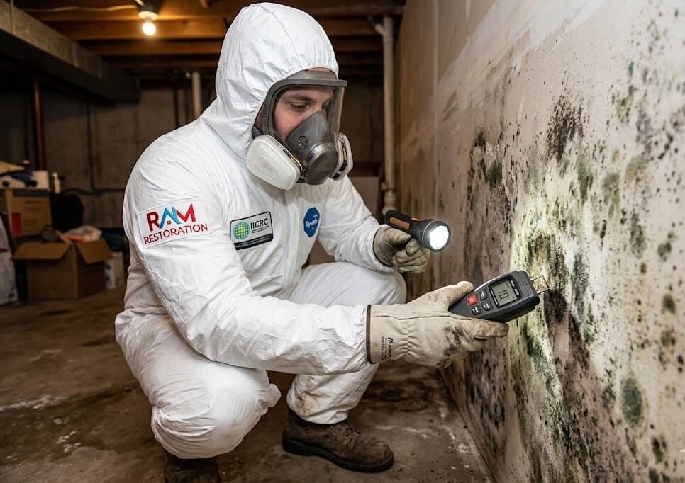IICRC certified mold remediation technician inspecting basement mold in Grand Rapids home