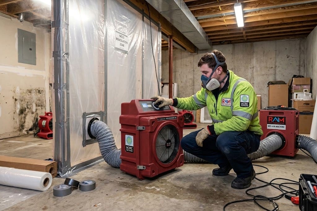 A RAM Restoration technician running a HEPA air scrubber and negative-air machine during containment setup Mold Remediation Cost in Grand Rapids