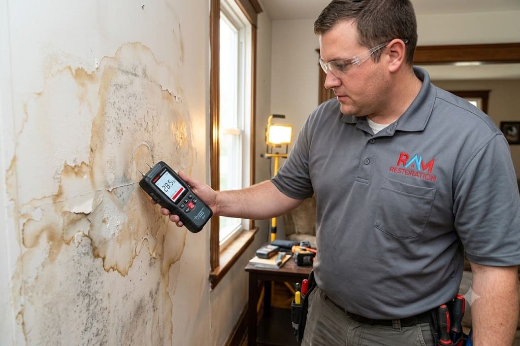 Moisture meter reading on damaged drywall