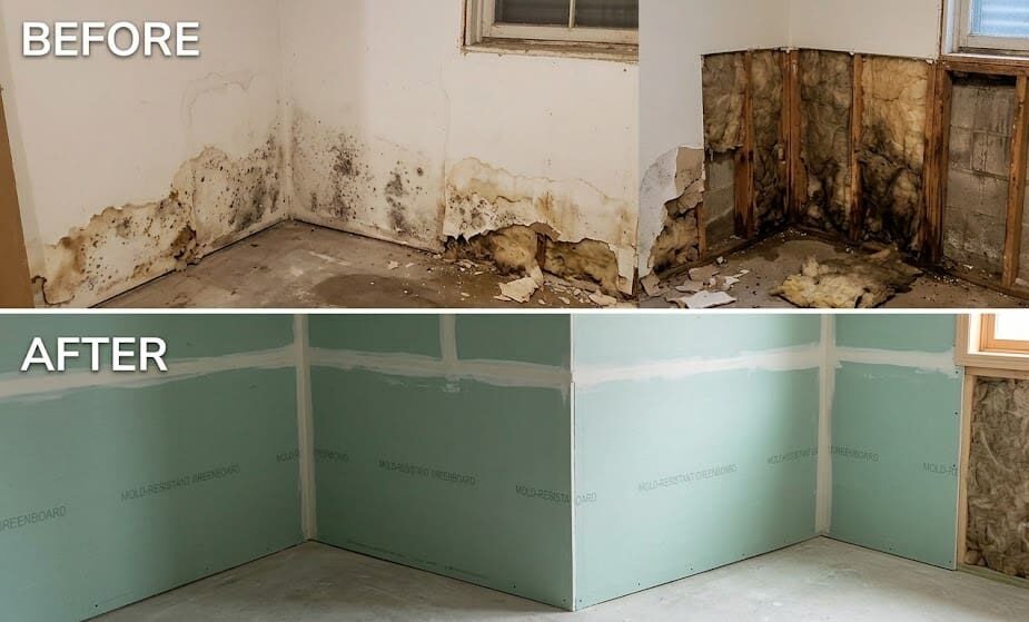 Drywall repair after a flood — before and after in a Grand Rapids basement