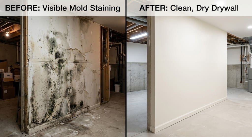 Before and after mold remediation in Grand Rapids MI basement wall