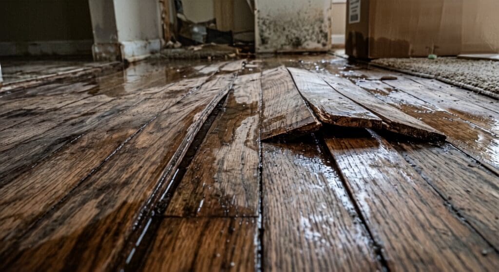 Water damaged flooring replacement — cupped hardwood after flooding