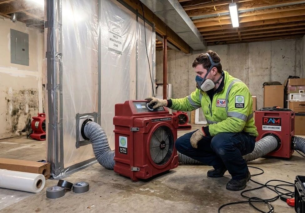 A RAM Restoration technician running a HEPA air scrubber and negative-air machine during containment setup Mold Remediation Cost in Grand Rapids