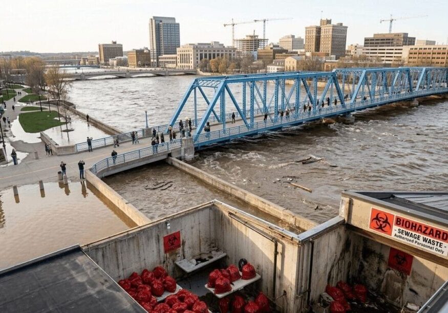 High water levels of the Grand River in Grand Rapids during the spring flooding in Grand Rapids
