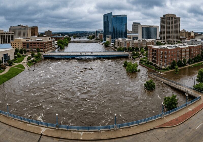 Grand River flooding levels near downtown Grand Rapids residential areas