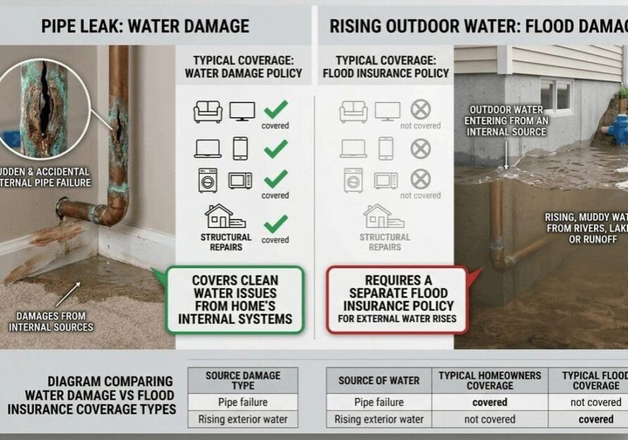 Diagram comparing water damage vs flood insurance coverage types.