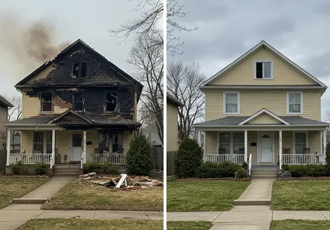 Split view: charred house and restored home