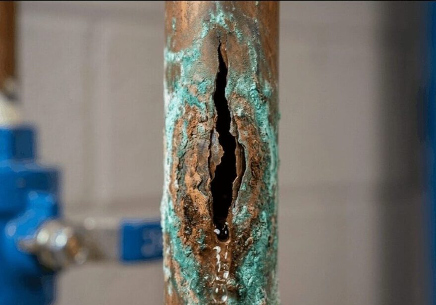 Close-up of burst pipe water damage showing corrosion